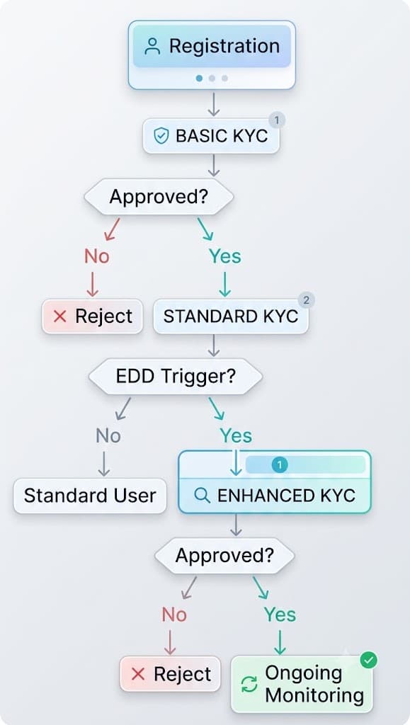 KYC flow: Registration, Basic KYC, Standard KYC, EDD trigger, Enhanced KYC, Ongoing Monitoring